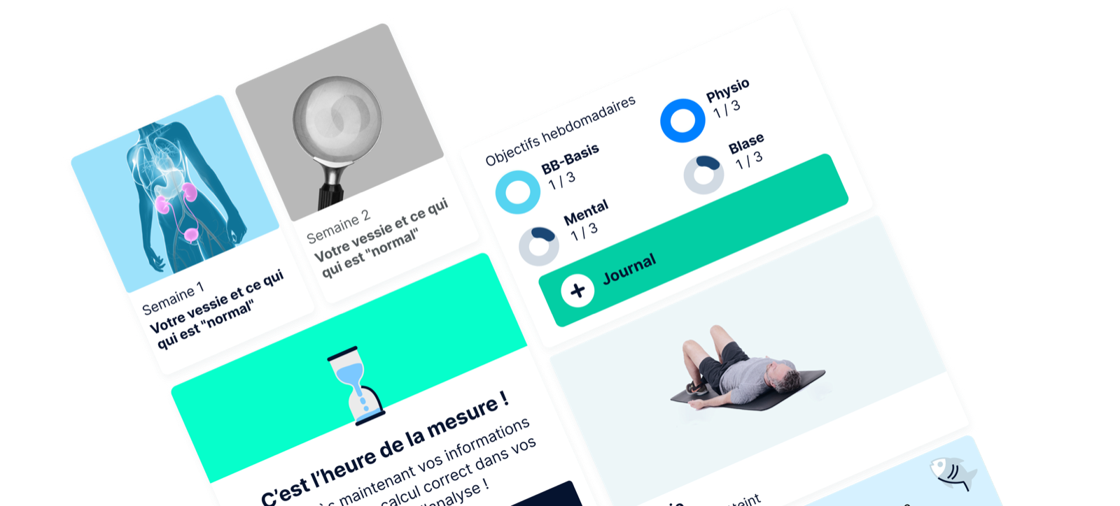 Cartes de thérapie de l'application Kranus Health avec objectifs hebdomadaires et journal