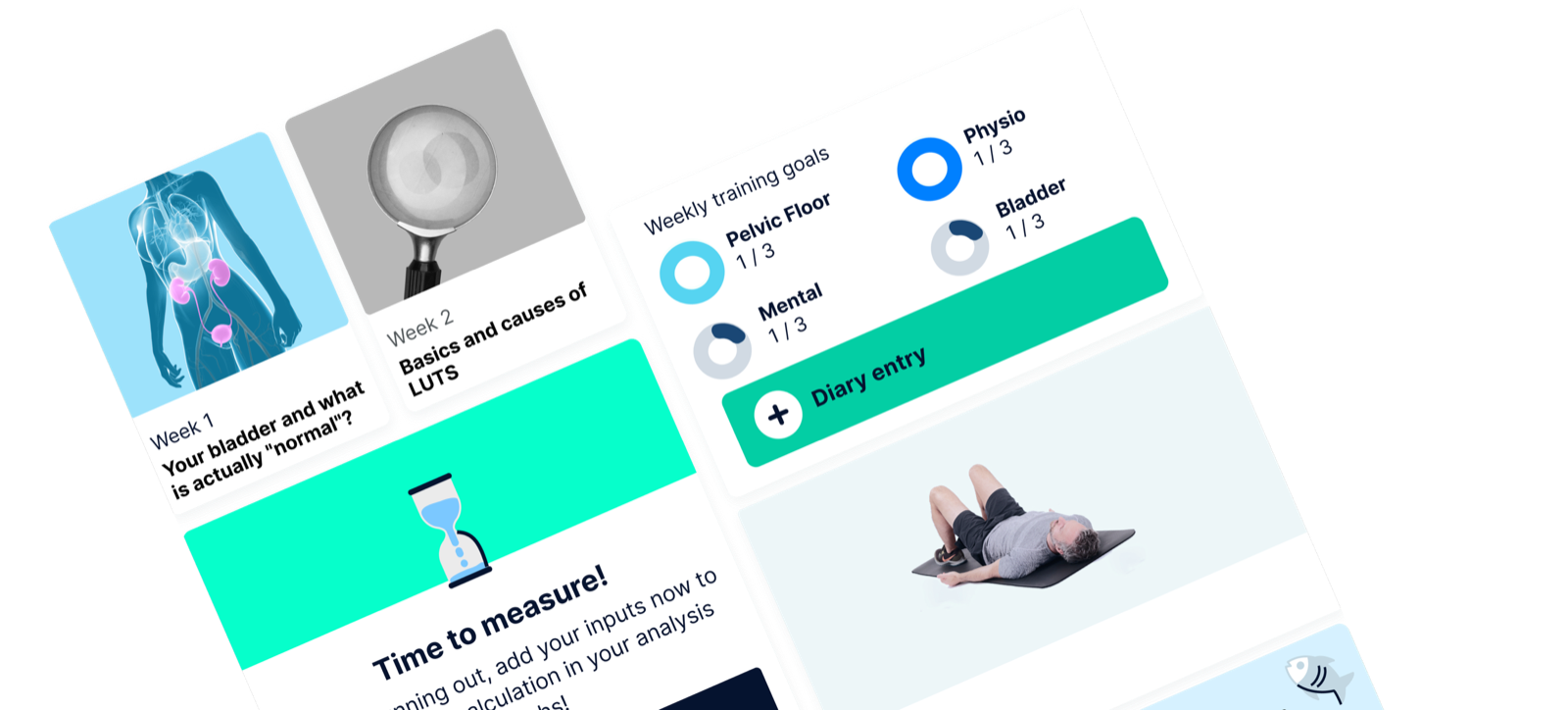 Kranus Health app therapy cards showing weekly training goals and diary entry